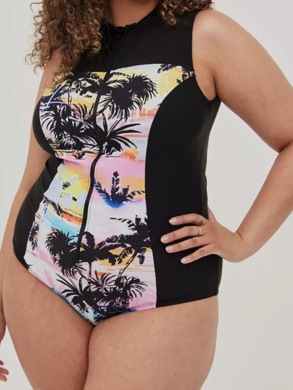 torrid 3X Black One-Piece Swimsuit with Pastel Tropical Print